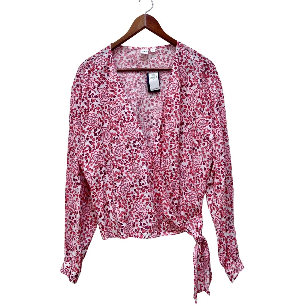 NWT GAP Womens Red Pink Floral Paisley Linen Blend Wrap Top Long Sleeve XL